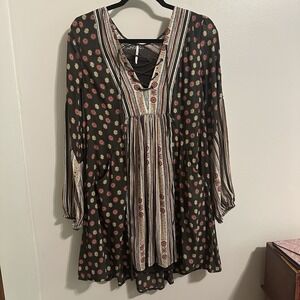Free People Rain or Shine Lace Up‎ Boho Peasant Swing Long Sleeve Dress Size S